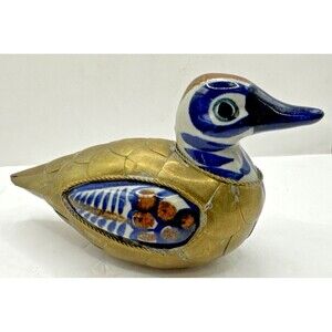 Tonola Duck Brass Pottery Bird Colorful Life Size 6" Mexican Folk Art Vintage